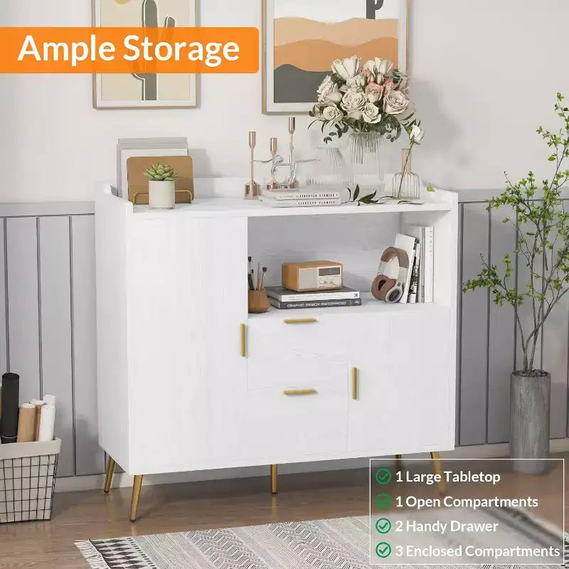 Credenza/Mobile Buffet da 40" bianco/nero, 2 cassetti e 2 ante, struttura in legno