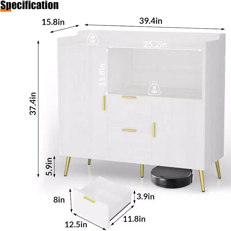 Credenza/Mobile Buffet da 40" bianco/nero, 2 cassetti e 2 ante, struttura in legno