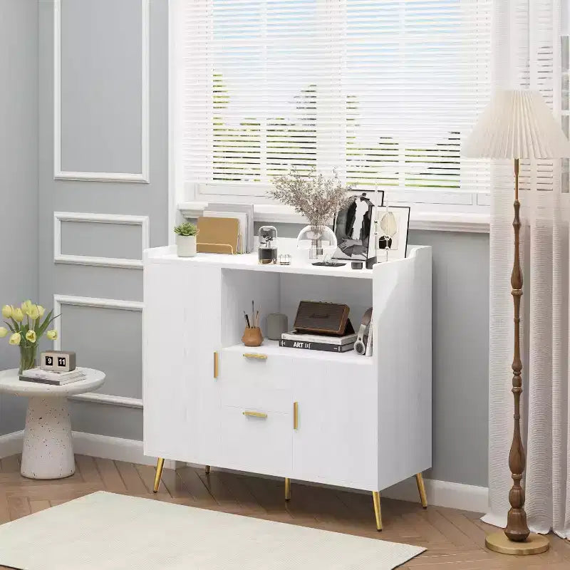 Credenza/Mobile Buffet da 40" bianco/nero, 2 cassetti e 2 ante, struttura in legno
