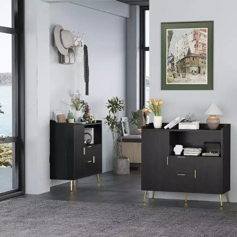 Credenza/Mobile Buffet da 40" bianco/nero, 2 cassetti e 2 ante, struttura in legno