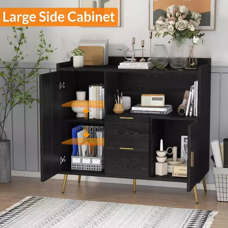Credenza/Mobile Buffet da 40" bianco/nero, 2 cassetti e 2 ante, struttura in legno