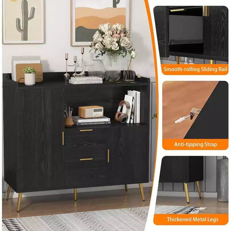 Credenza/Mobile Buffet da 40" bianco/nero, 2 cassetti e 2 ante, struttura in legno