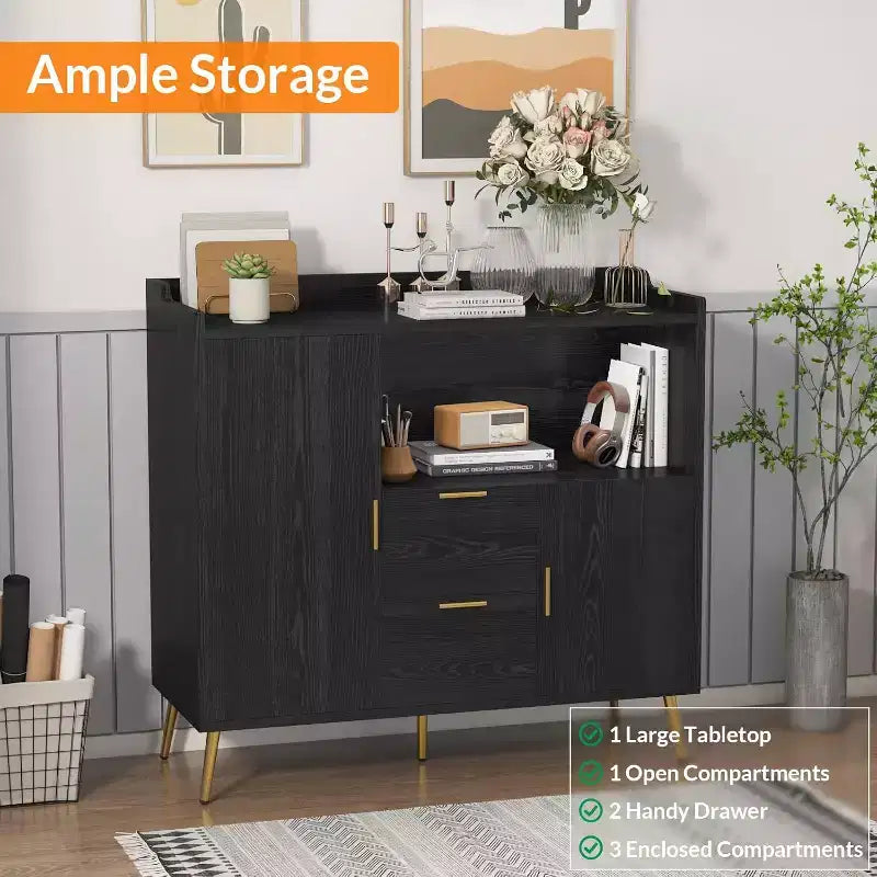 Credenza/Mobile Buffet da 40" bianco/nero, 2 cassetti e 2 ante, struttura in legno