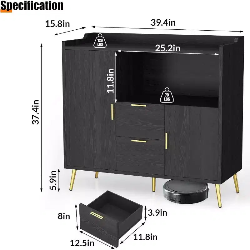 Credenza/Mobile Buffet da 40" bianco/nero, 2 cassetti e 2 ante, struttura in legno