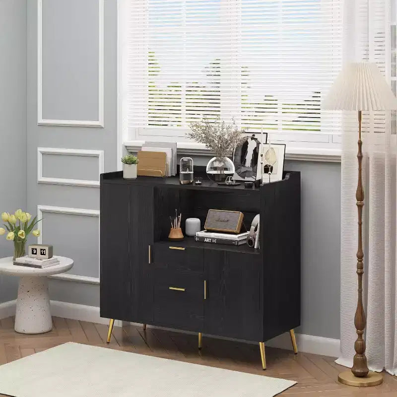 Credenza/Mobile Buffet da 40" bianco/nero, 2 cassetti e 2 ante, struttura in legno