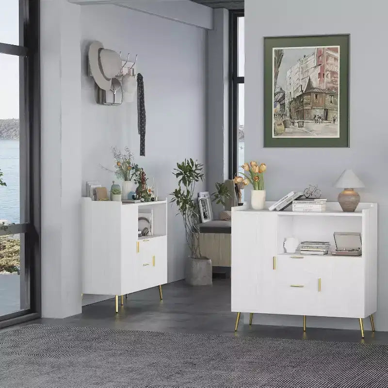 Credenza/Mobile Buffet da 40" bianco/nero, 2 cassetti e 2 ante, struttura in legno
