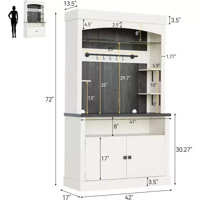Mobile Bar Caffè Stile Fattoria Anticato Bianco e Rovere con Illuminazione, 1 Persona, 183 cm H x 107 cm L