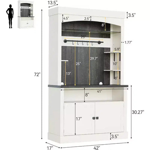 Mobile Bar Caffè Stile Fattoria Anticato Bianco e Rovere con Illuminazione, 1 Persona, 183 cm H x 107 cm L