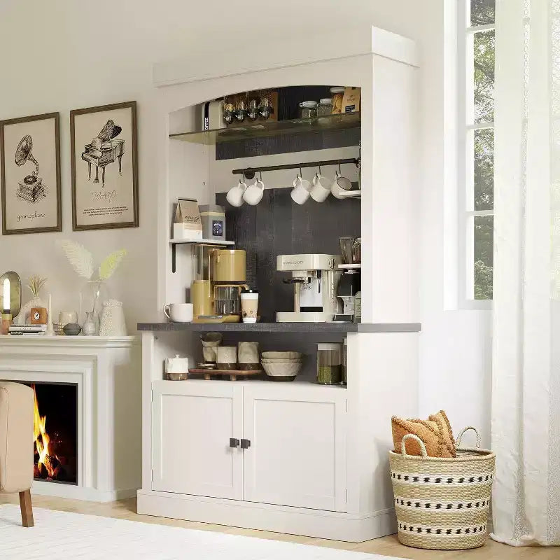 Mobile Bar Caffè Stile Fattoria Anticato Bianco e Rovere con Illuminazione, 1 Persona, 183 cm H x 107 cm L