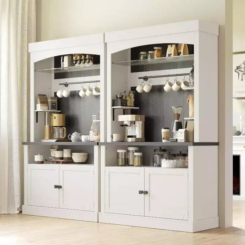 Mobile Bar Caffè Stile Fattoria Anticato Bianco e Rovere con Illuminazione, 1 Persona, 183 cm H x 107 cm L