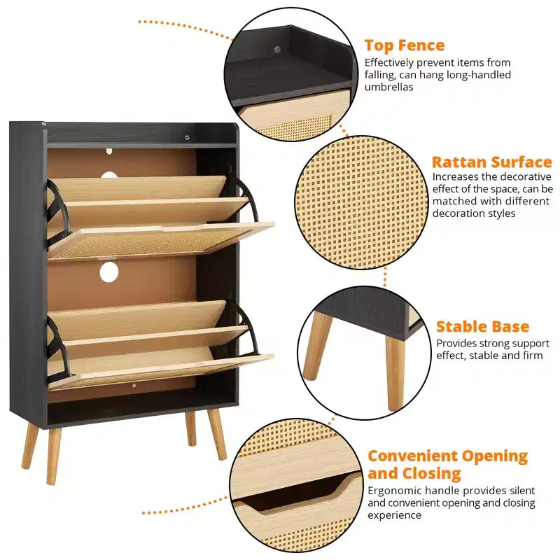 Scarpiera in rattan naturale a 2 cassetti, profondità ridotta 23,5 cm, capienza 8 paia