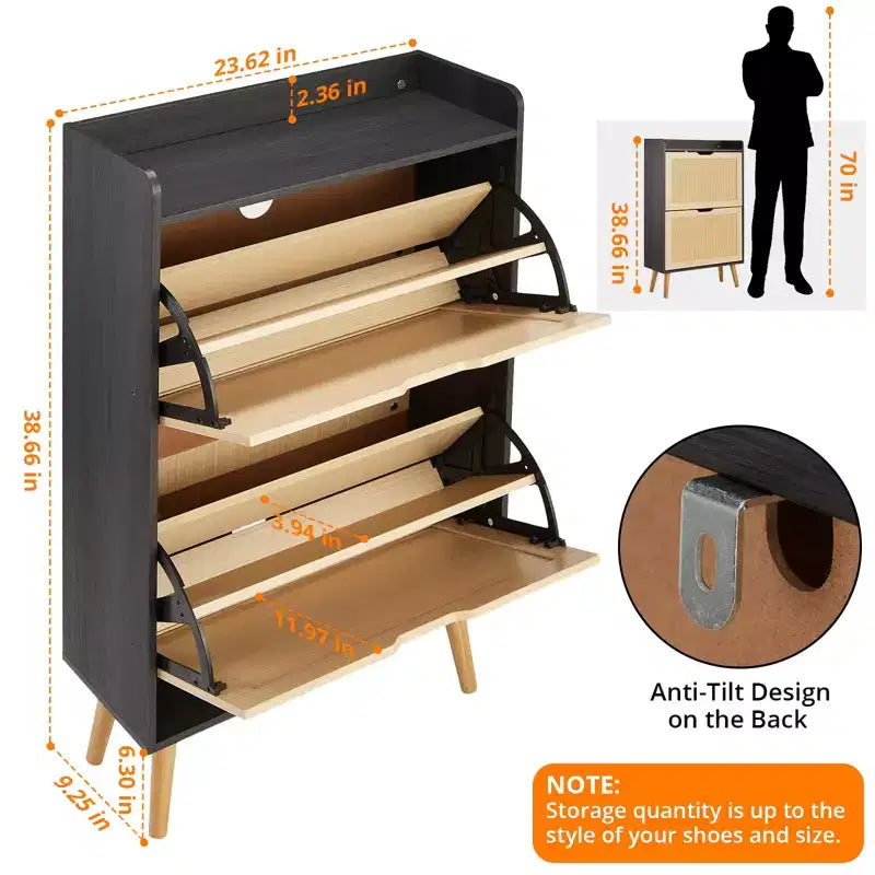 Scarpiera in rattan naturale a 2 cassetti, profondità ridotta 23,5 cm, capienza 8 paia