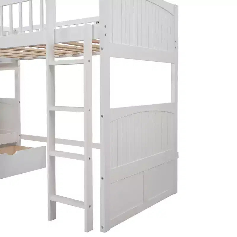 Letto a castello triplo a L grigio/bianco con 2 cassetti portaoggetti, da una piazza e mezza su una piazza e mezza, 3 posti letto
