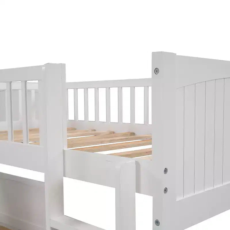 Letto a castello triplo a L grigio/bianco con 2 cassetti portaoggetti, da una piazza e mezza su una piazza e mezza, 3 posti letto