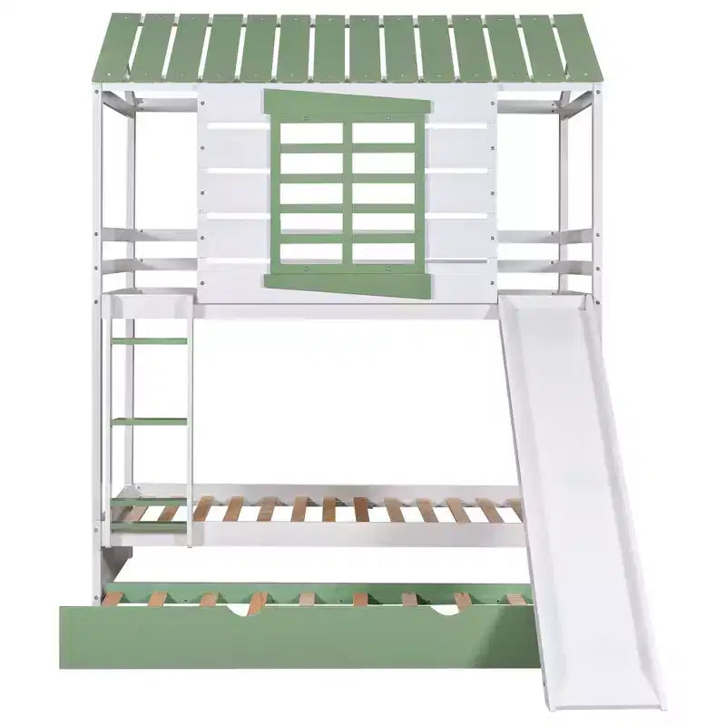 Letto a castello singolo su singolo bianco a forma di casetta con scivolo e letto estraibile, per 2 bambini
