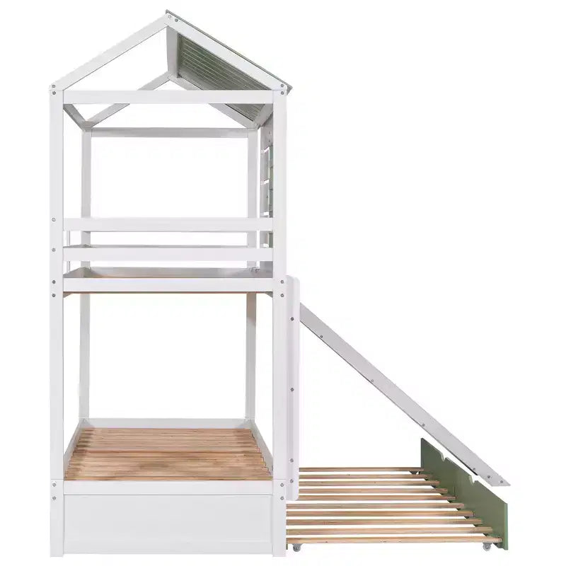 Letto a castello singolo su singolo bianco a forma di casetta con scivolo e letto estraibile, per 2 bambini