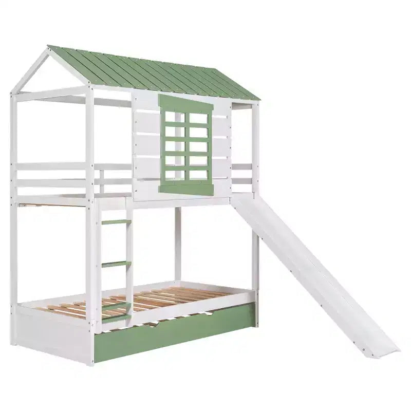 Letto a castello singolo su singolo bianco a forma di casetta con scivolo e letto estraibile, per 2 bambini
