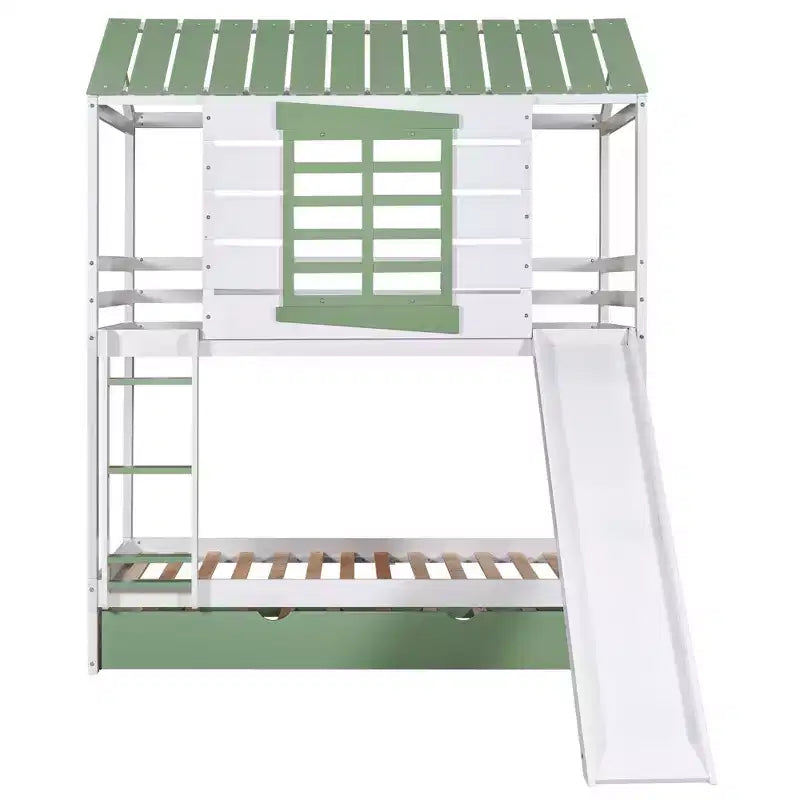 Letto a castello singolo su singolo bianco a forma di casetta con scivolo e letto estraibile, per 2 bambini