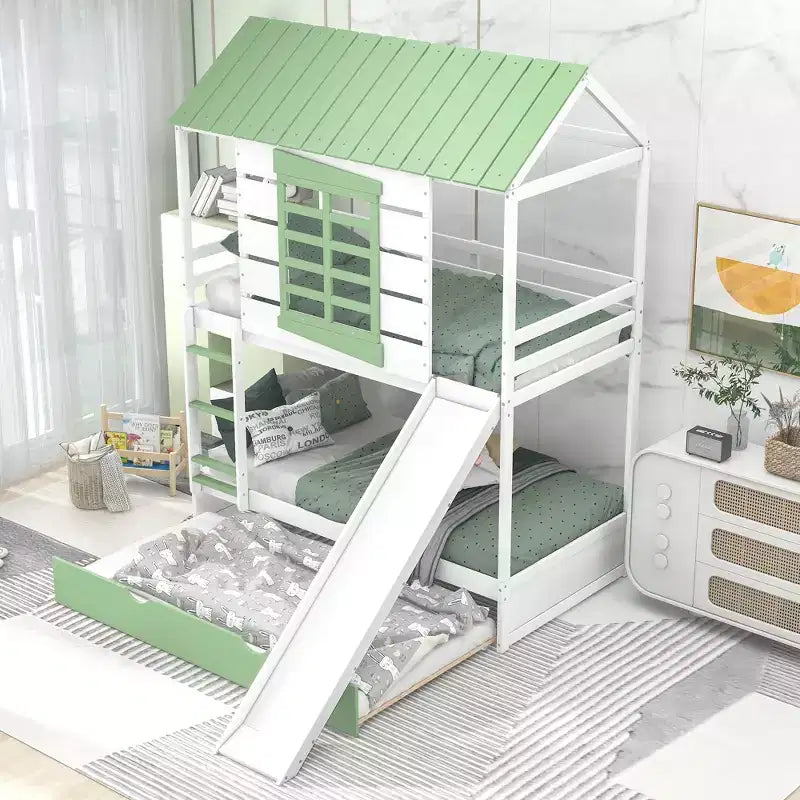 Letto a castello singolo su singolo bianco a forma di casetta con scivolo e letto estraibile, per 2 bambini
