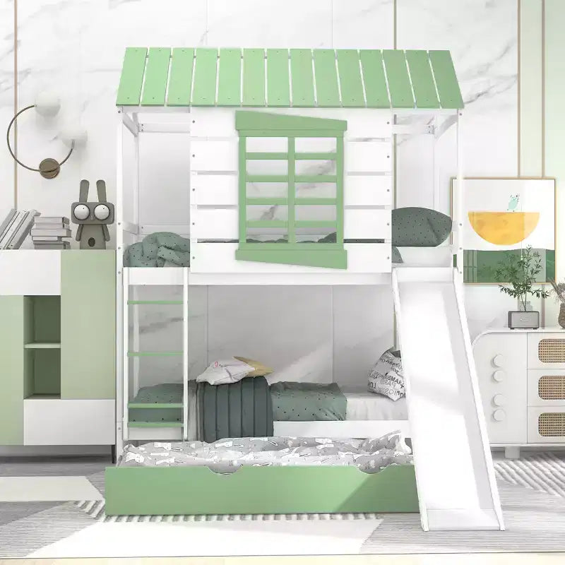 Letto a castello singolo su singolo bianco a forma di casetta con scivolo e letto estraibile, per 2 bambini
