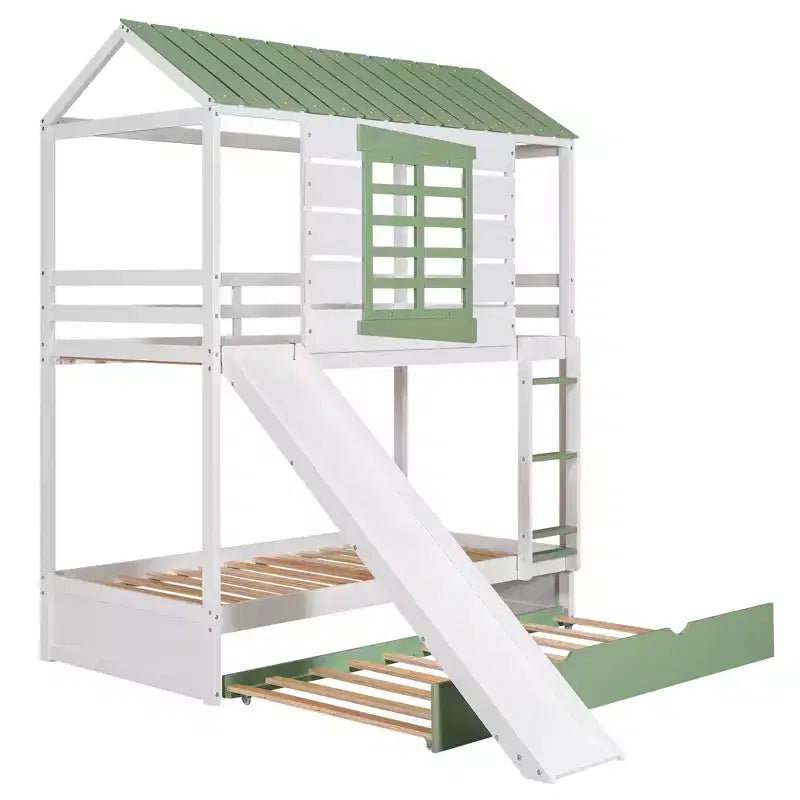 Letto a castello singolo su singolo bianco a forma di casetta con scivolo e letto estraibile, per 2 bambini