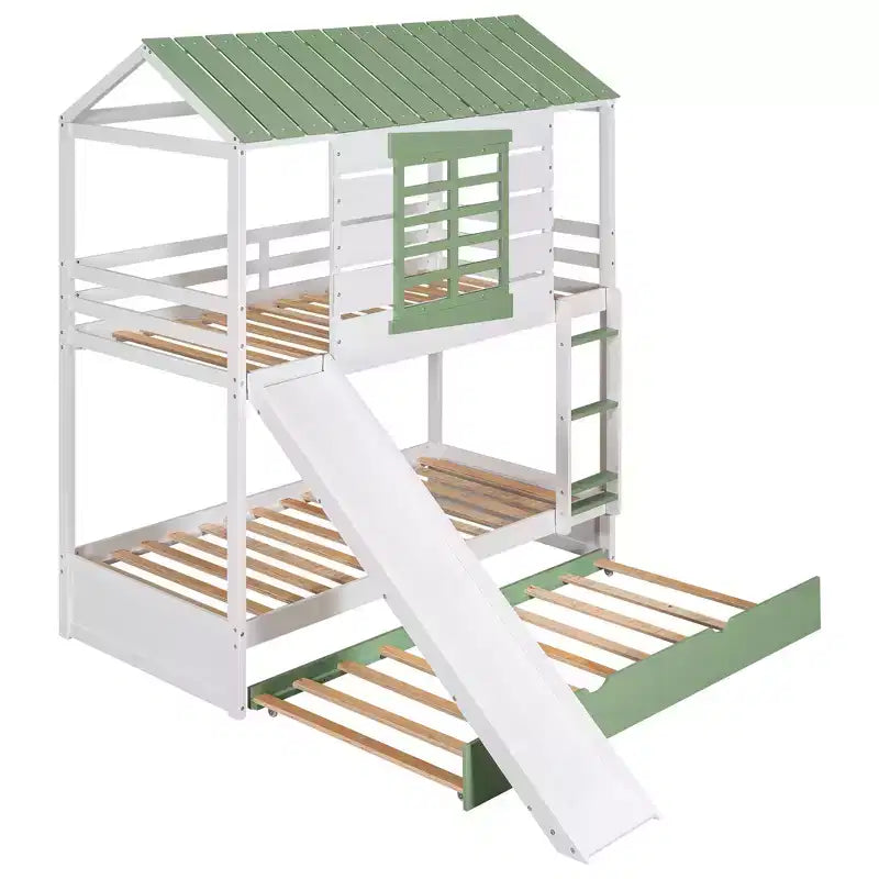Letto a castello singolo su singolo bianco a forma di casetta con scivolo e letto estraibile, per 2 bambini