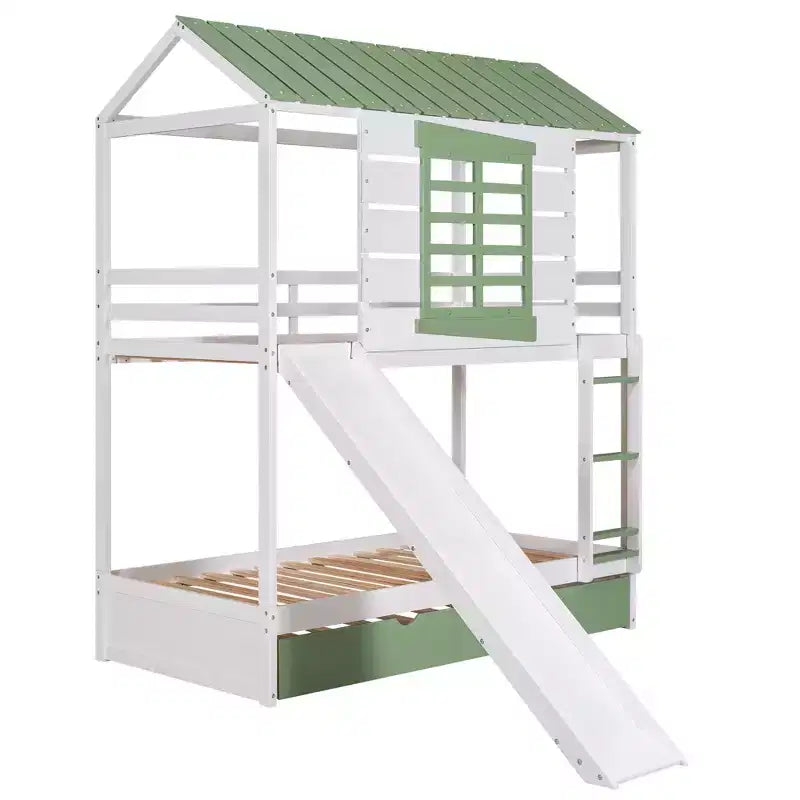 Letto a castello singolo su singolo bianco a forma di casetta con scivolo e letto estraibile, per 2 bambini