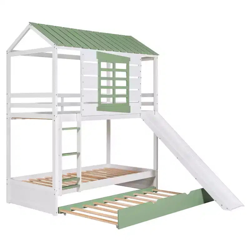 Letto a castello singolo su singolo bianco a forma di casetta con scivolo e letto estraibile, per 2 bambini
