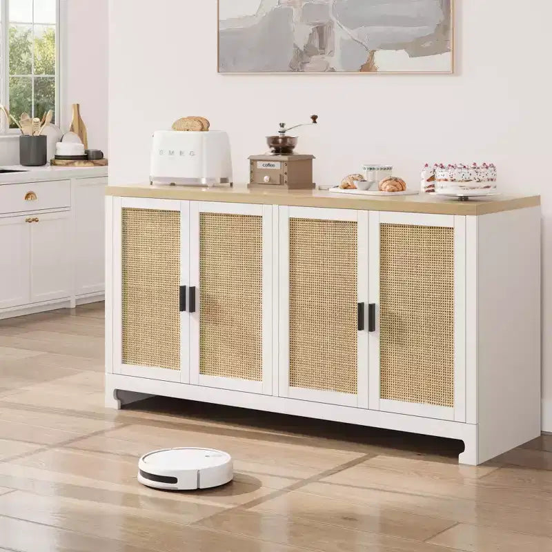 Madia a 4 ante in Rattan Marrone / Bianco e Marrone con ripiani regolabili, larghezza 152 cm, assemblaggio da 1 persona