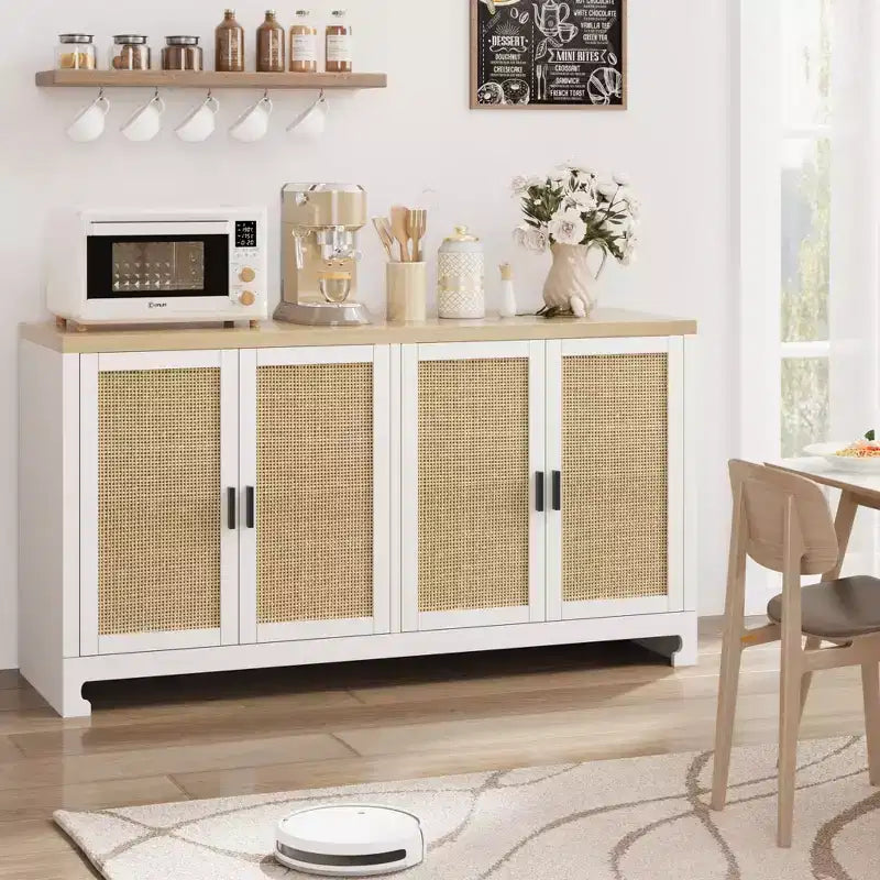 Madia a 4 ante in Rattan Marrone / Bianco e Marrone con ripiani regolabili, larghezza 152 cm, assemblaggio da 1 persona