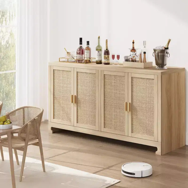 Madia a 4 ante in Rattan Marrone / Bianco e Marrone con ripiani regolabili, larghezza 152 cm, assemblaggio da 1 persona