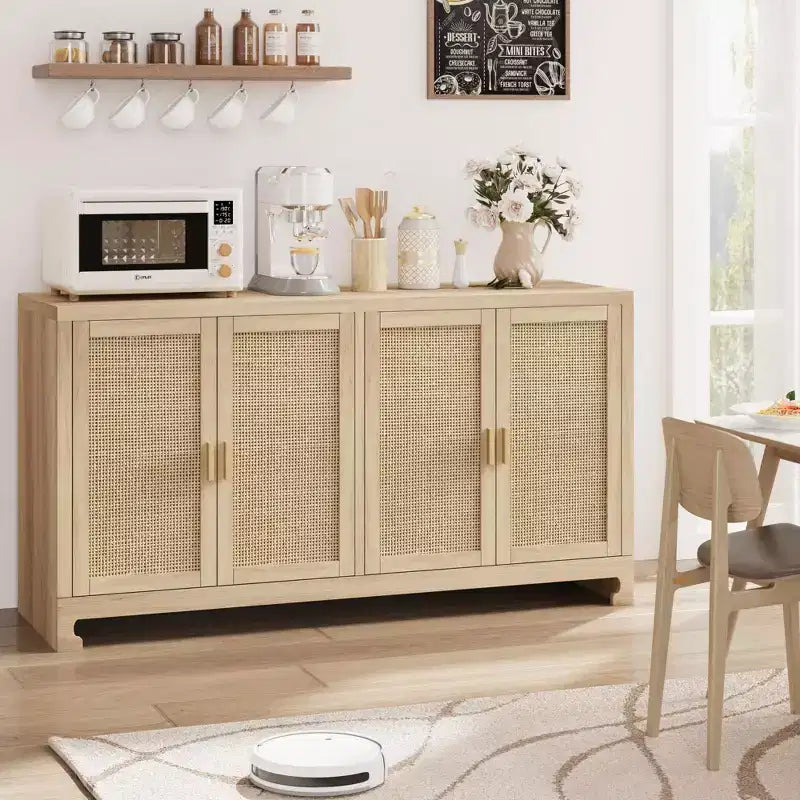 Madia a 4 ante in Rattan Marrone / Bianco e Marrone con ripiani regolabili, larghezza 152 cm, assemblaggio da 1 persona