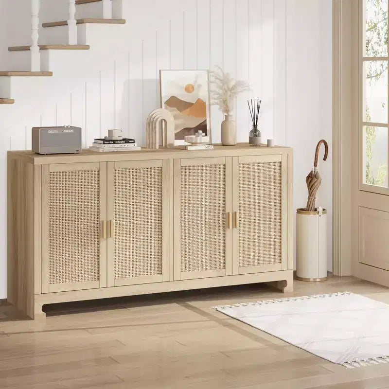 Madia a 4 ante in Rattan Marrone / Bianco e Marrone con ripiani regolabili, larghezza 152 cm, assemblaggio da 1 persona