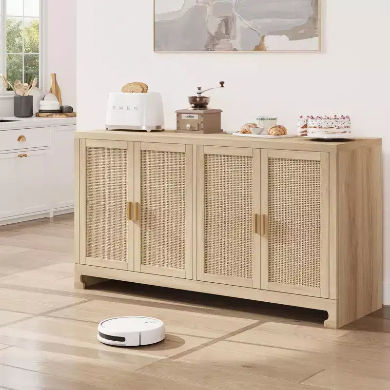 Madia a 4 ante in Rattan Marrone / Bianco e Marrone con ripiani regolabili, larghezza 152 cm, assemblaggio da 1 persona