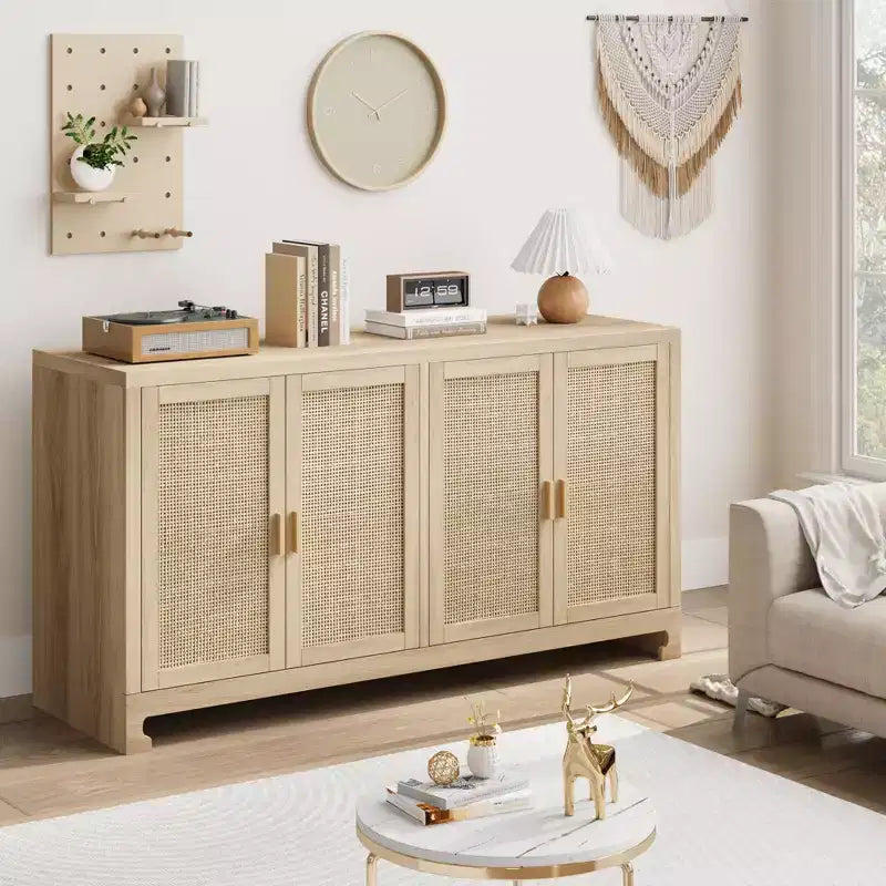 Madia a 4 ante in Rattan Marrone / Bianco e Marrone con ripiani regolabili, larghezza 152 cm, assemblaggio da 1 persona