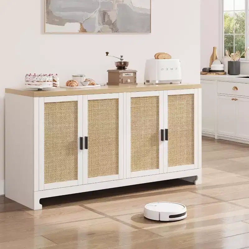 Madia a 4 ante in Rattan Marrone / Bianco e Marrone con ripiani regolabili, larghezza 152 cm, assemblaggio da 1 persona