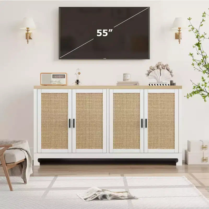 Madia a 4 ante in Rattan Marrone / Bianco e Marrone con ripiani regolabili, larghezza 152 cm, assemblaggio da 1 persona