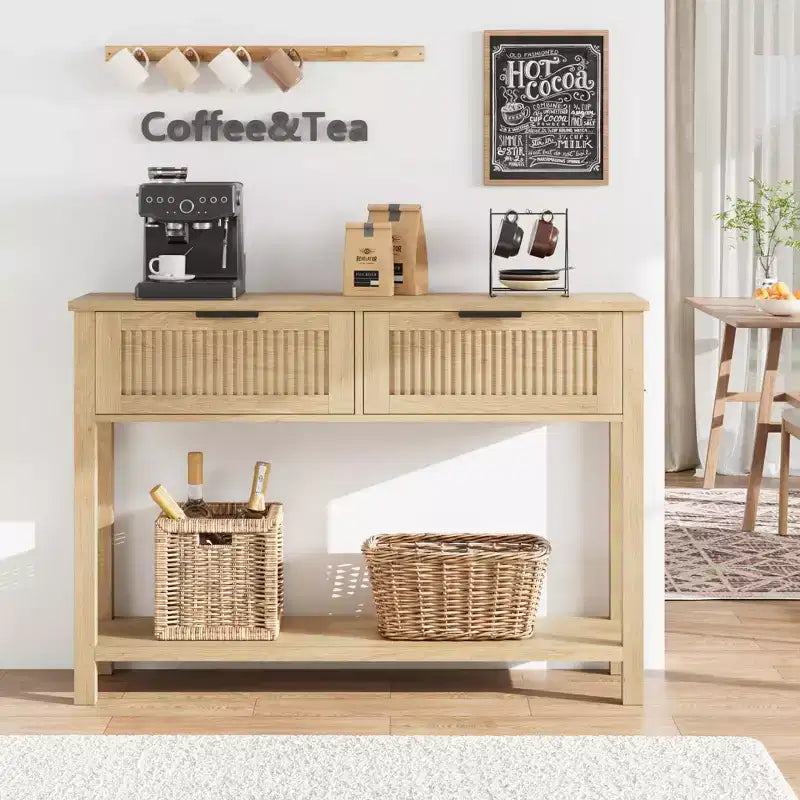 Tavolo consolle scanalato marrone con 2 cassetti, montaggio per 1 persona, struttura in legno