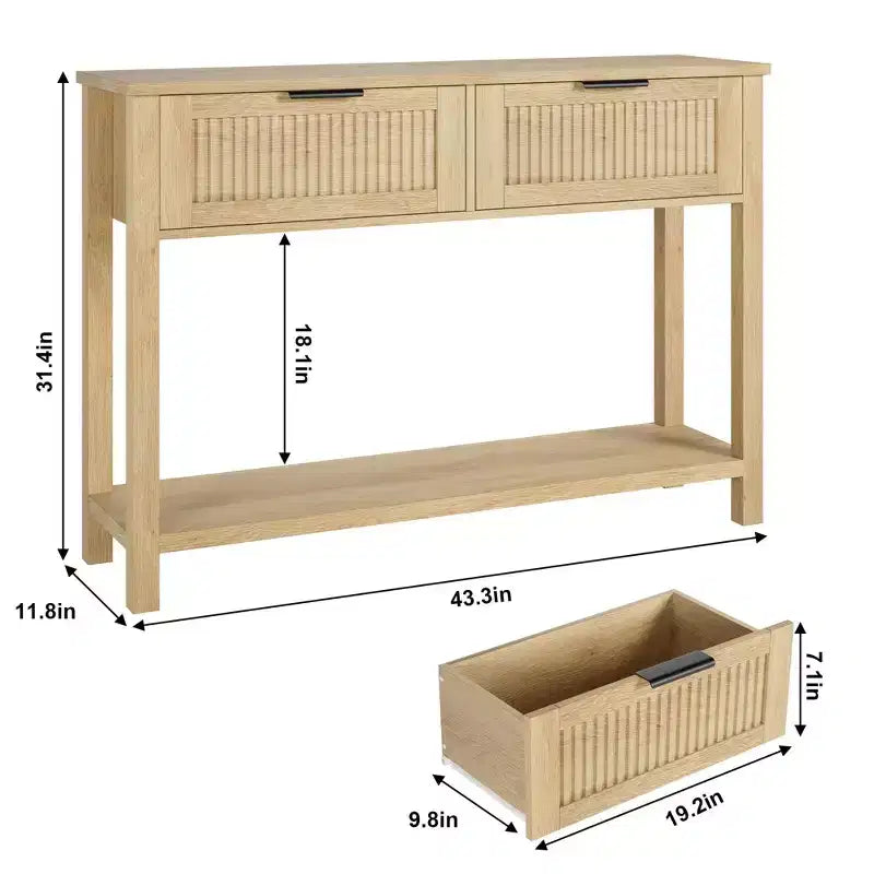 Tavolo consolle scanalato marrone con 2 cassetti, montaggio per 1 persona, struttura in legno