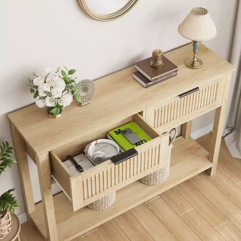 Tavolo consolle scanalato marrone con 2 cassetti, montaggio per 1 persona, struttura in legno