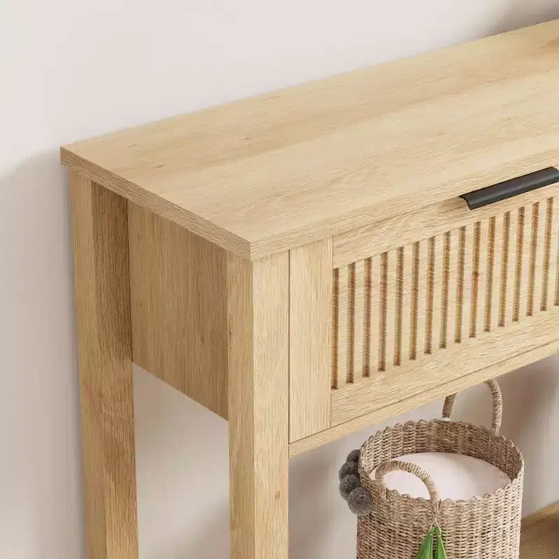 Tavolo consolle scanalato marrone con 2 cassetti, montaggio per 1 persona, struttura in legno