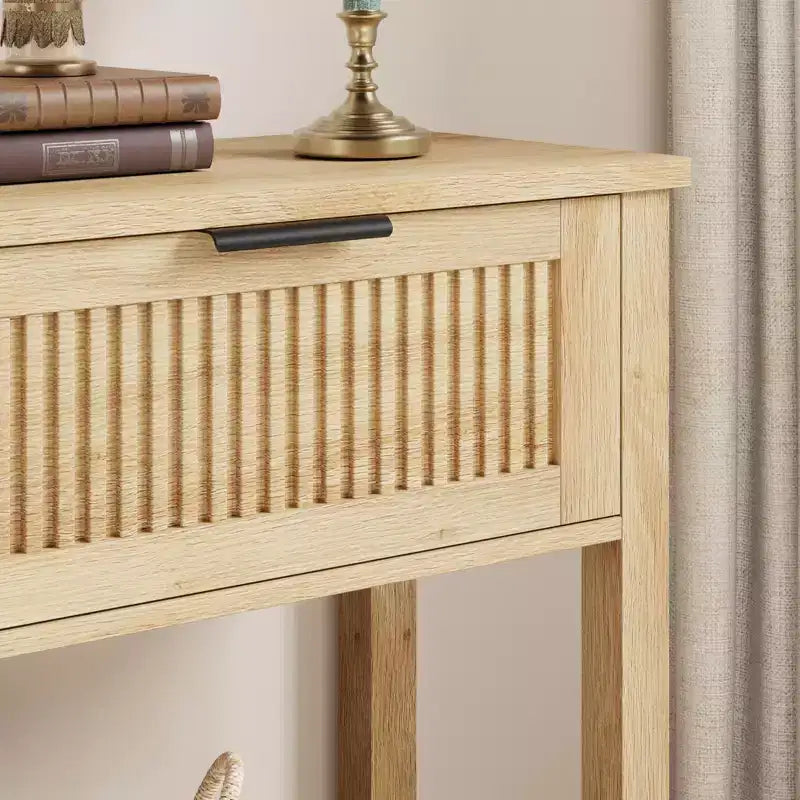 Tavolo consolle scanalato marrone con 2 cassetti, montaggio per 1 persona, struttura in legno