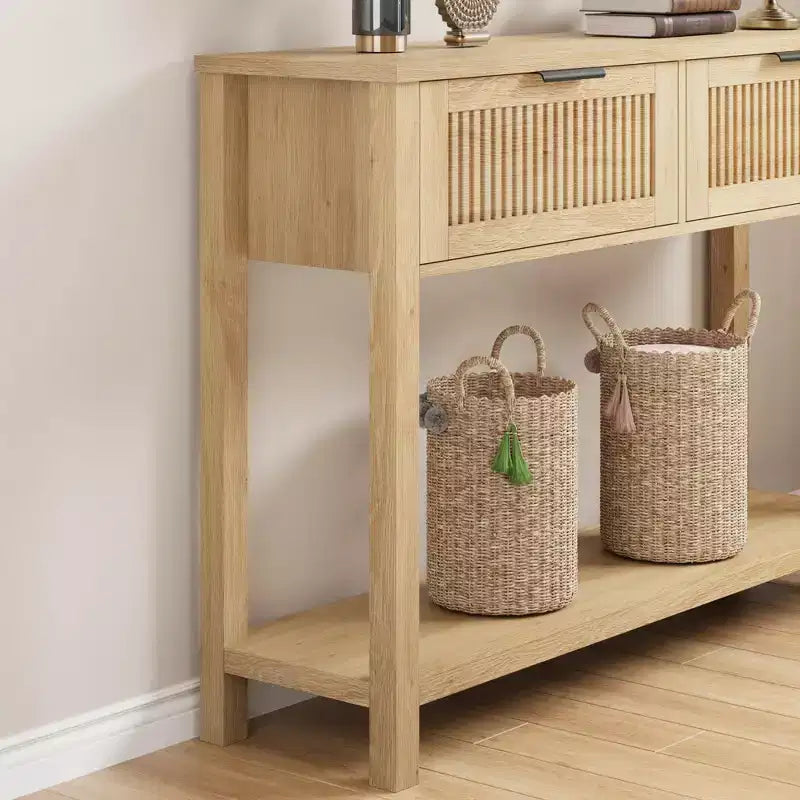 Tavolo consolle scanalato marrone con 2 cassetti, montaggio per 1 persona, struttura in legno