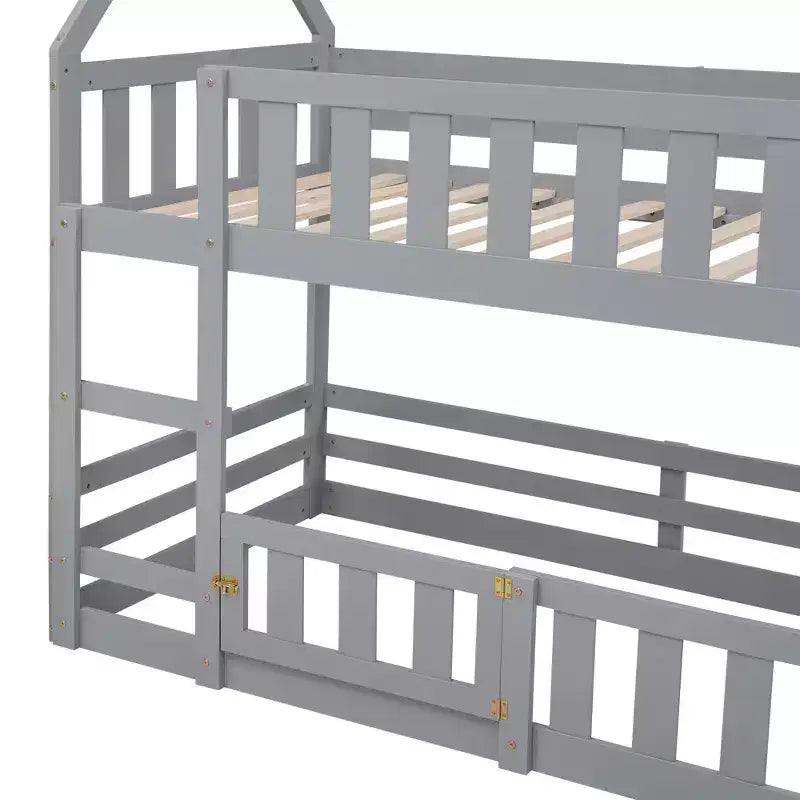 Grigio/Bianco, a forma di casa, letto a castello basso singolo su singolo per 2 bambini
