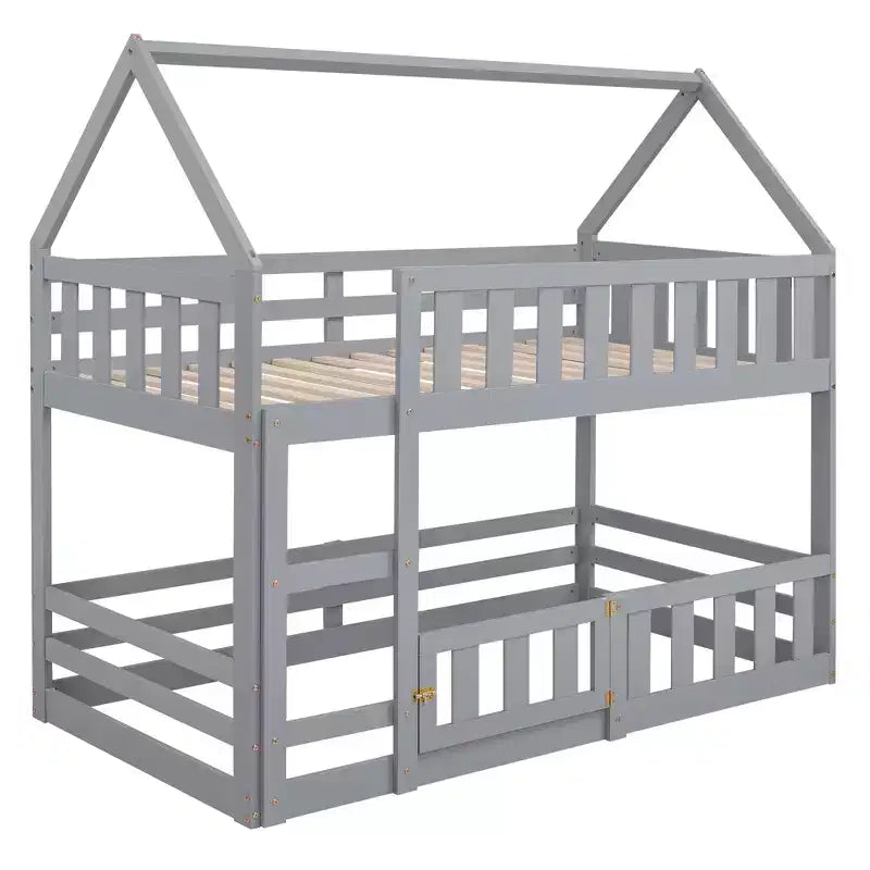 Grigio/Bianco, a forma di casa, letto a castello basso singolo su singolo per 2 bambini