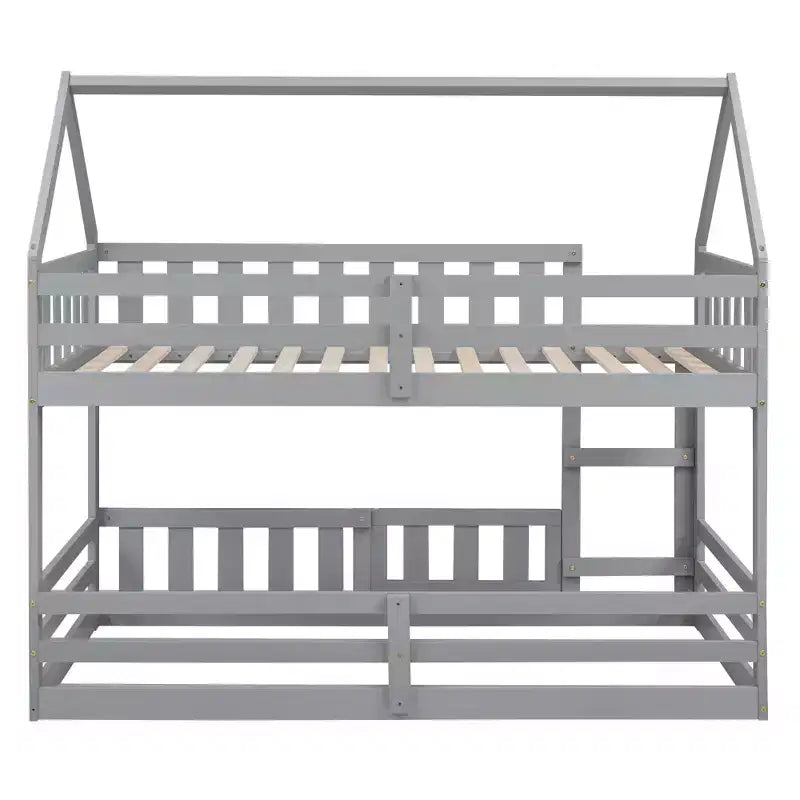 Grigio/Bianco, a forma di casa, letto a castello basso singolo su singolo per 2 bambini