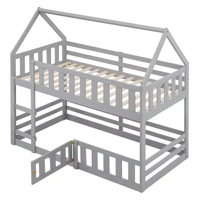 Grigio/Bianco, a forma di casa, letto a castello basso singolo su singolo per 2 bambini
