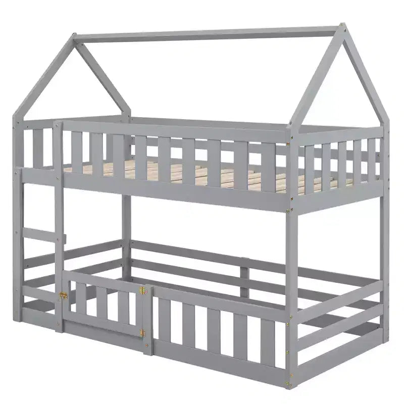 Grigio/Bianco, a forma di casa, letto a castello basso singolo su singolo per 2 bambini