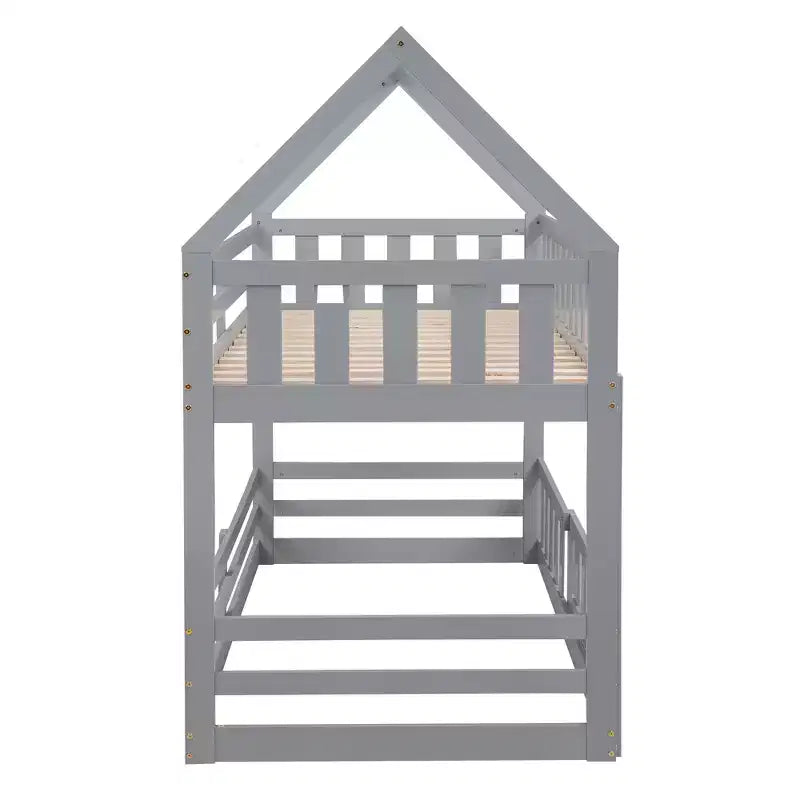 Grigio/Bianco, a forma di casa, letto a castello basso singolo su singolo per 2 bambini