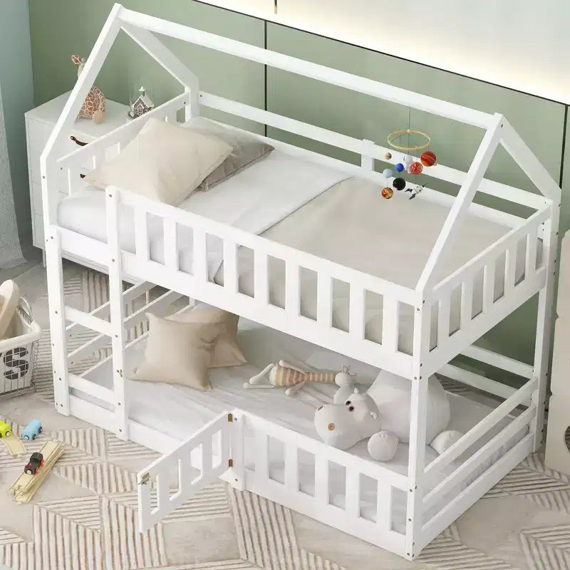 Grigio/Bianco, a forma di casa, letto a castello basso singolo su singolo per 2 bambini